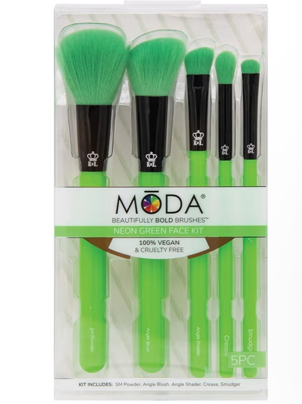 NWT MODA Green Neon Face Kit 5 Piece Makeup Brush Set